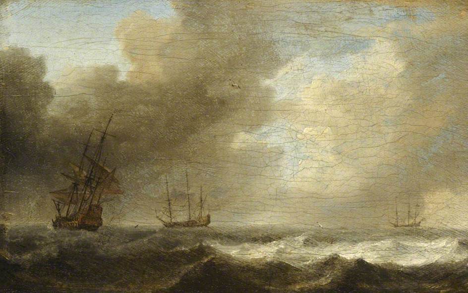 A Dutch Ship Lying-to in a Strong Breeze, vintage artwork by Willem van de Velde the Younger, 12x8" (A4) Poster