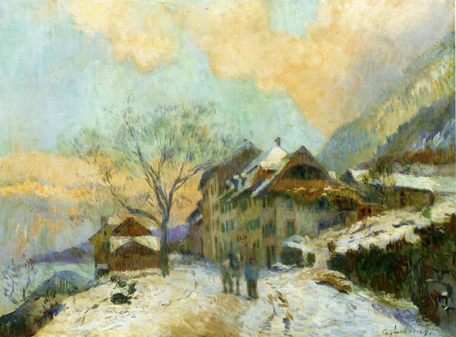 The Banks of Lake Geneva at Saint-Gingolph, in winter, with Snowy Weather, vintage artwork by Albert Lebourg, 12x8" (A4) Poster