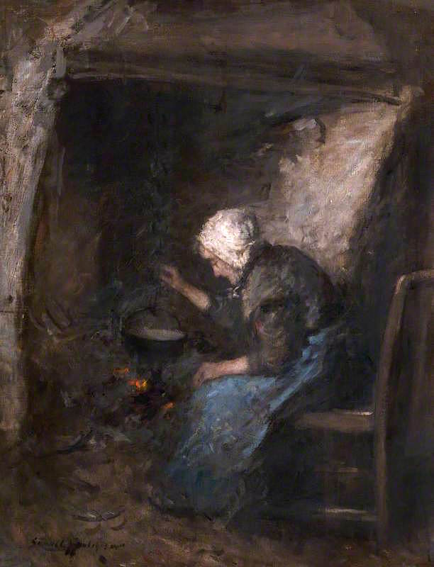 Interior with Old Woman at a Hearth, vintage artwork by Robert Gemmell Hutchison R.S.A. R.S.W., 12x8" (A4) Poster