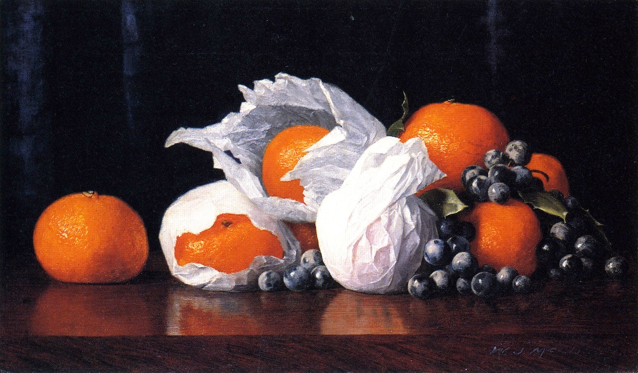 Tangerines inTissues with Grapes, vintage artwork by William Joseph McCloskey, 12x8" (A4) Poster