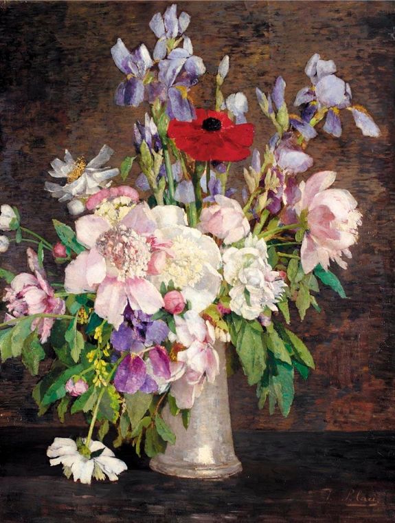 Peonies and Irises, vintage artwork by Tina Blau, 12x8" (A4) Poster
