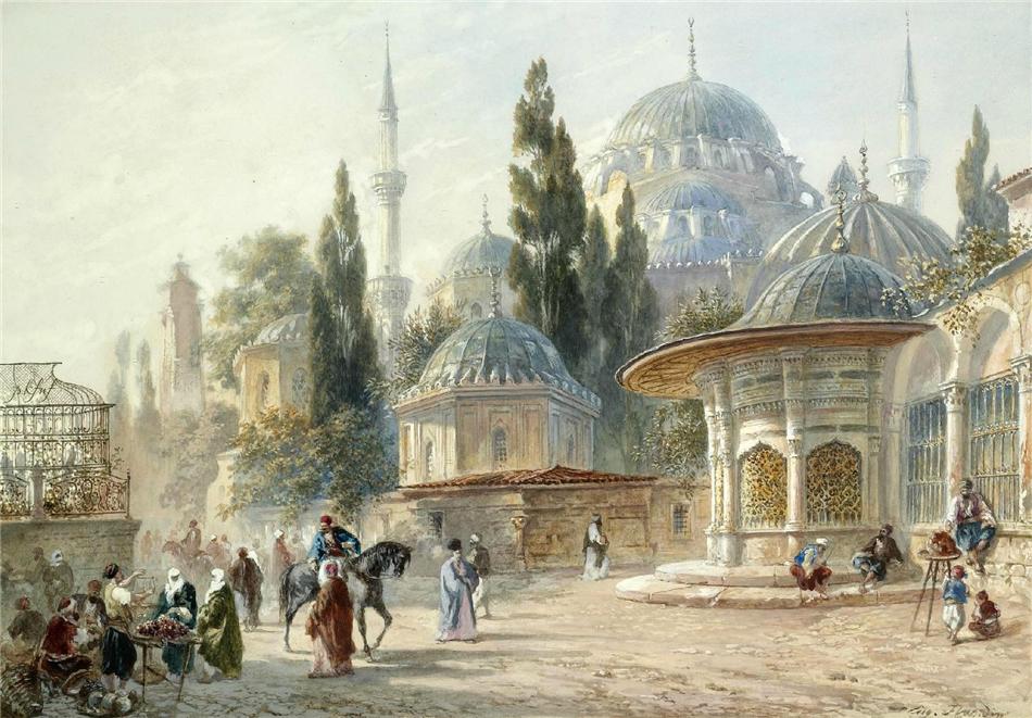 The Sehzade Mosque in Laleli, Constantinople, vintage artwork by Eugene-Napoleon Flandin, A3 (16x12") Poster Print