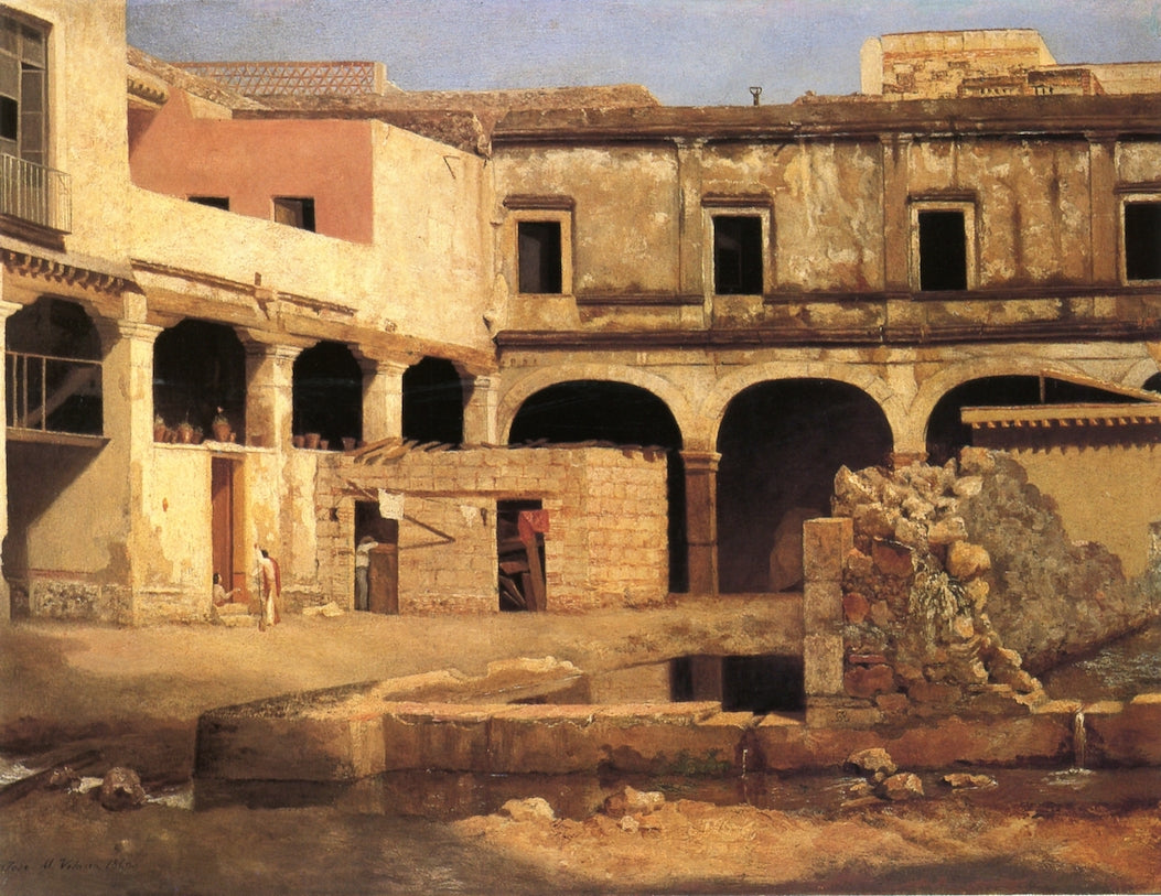 Patio del ex convento de San Augustin, vintage artwork by Jose María Velasco, 12x8" (A4) Poster