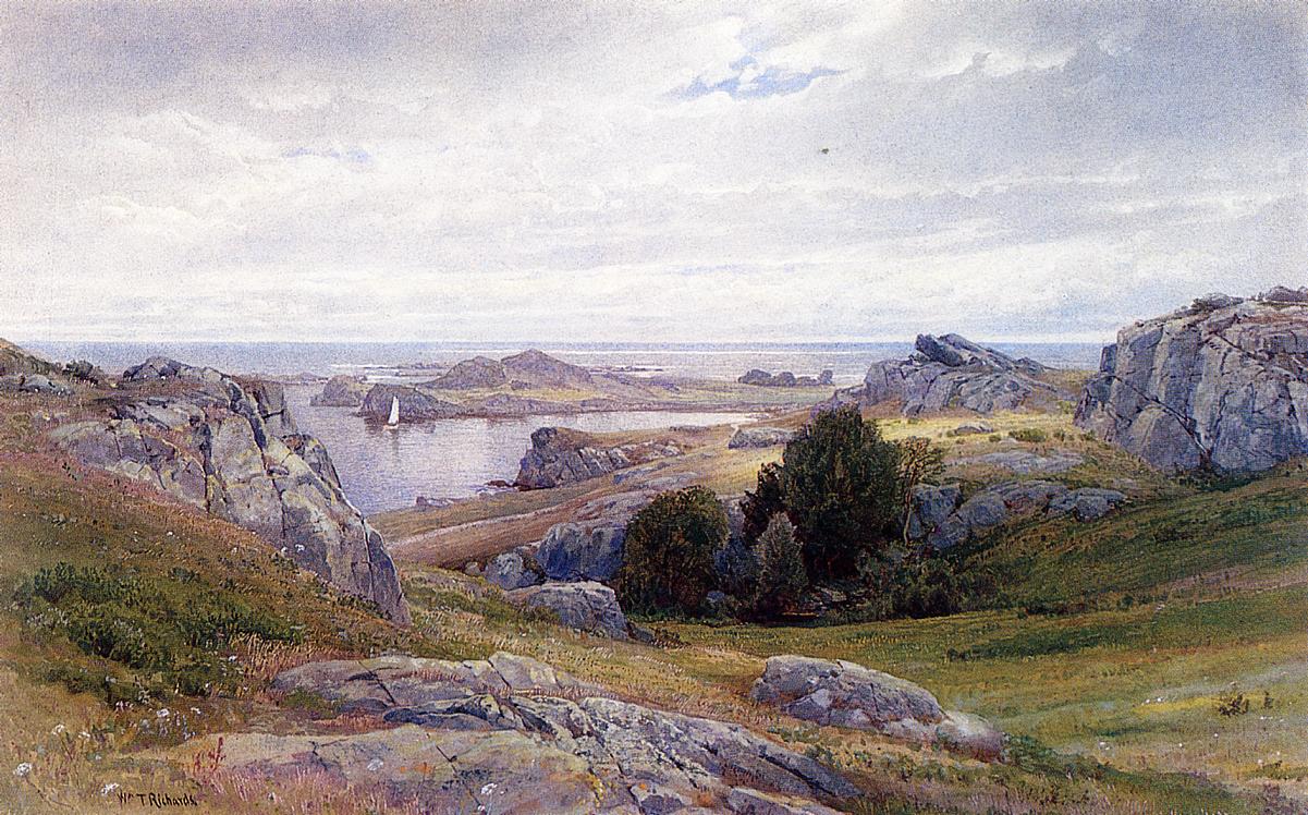 Coast with Sailboat, Newport, vintage artwork by William Trost Richards, 12x8" (A4) Poster