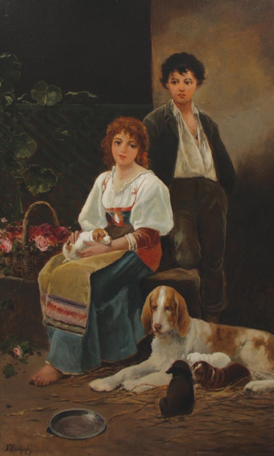 Children with dog and puppies by Eugenio Zampighi,A3(16x12")Poster