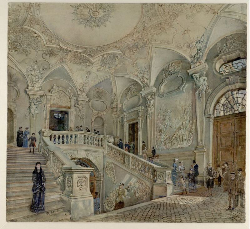 Treppenhaus im Oberen Belvedere in Wien, vintage artwork by Rudolf von Alt, A3 (16x12") Poster Print