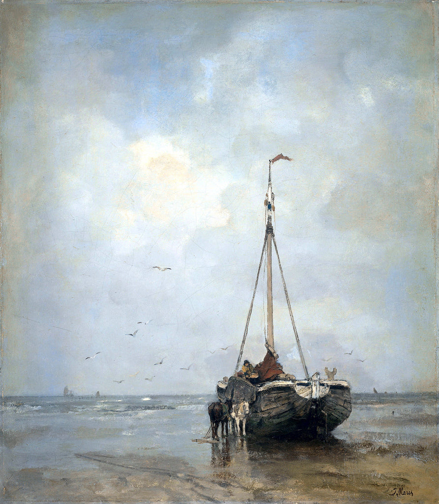 Buff-bowed Fishing Boat on the Beach at Scheveningen, vintage artwork by Jacob Maris, 12x8" (A4) Poster