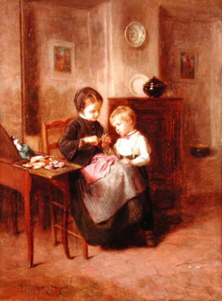 The Sewing Lesson, vintage artwork by Theophile-Emmanuel Duverger, A3 (16x12") Poster Print