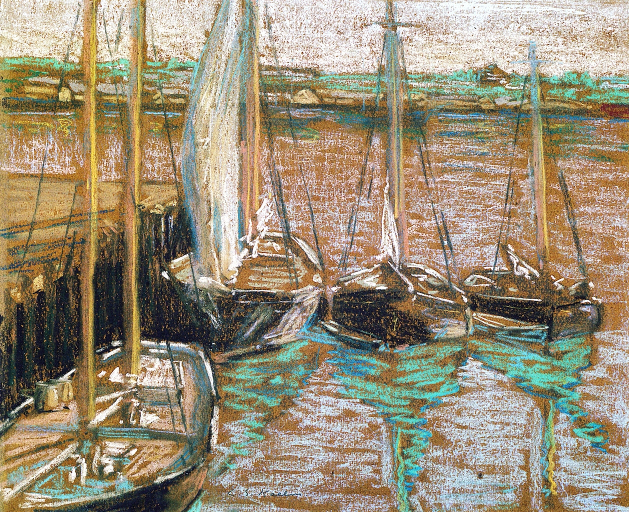 Sailboats at Gloucester, vintage artwork by Charles Salis Kaelin, 12x8" (A4) Poster
