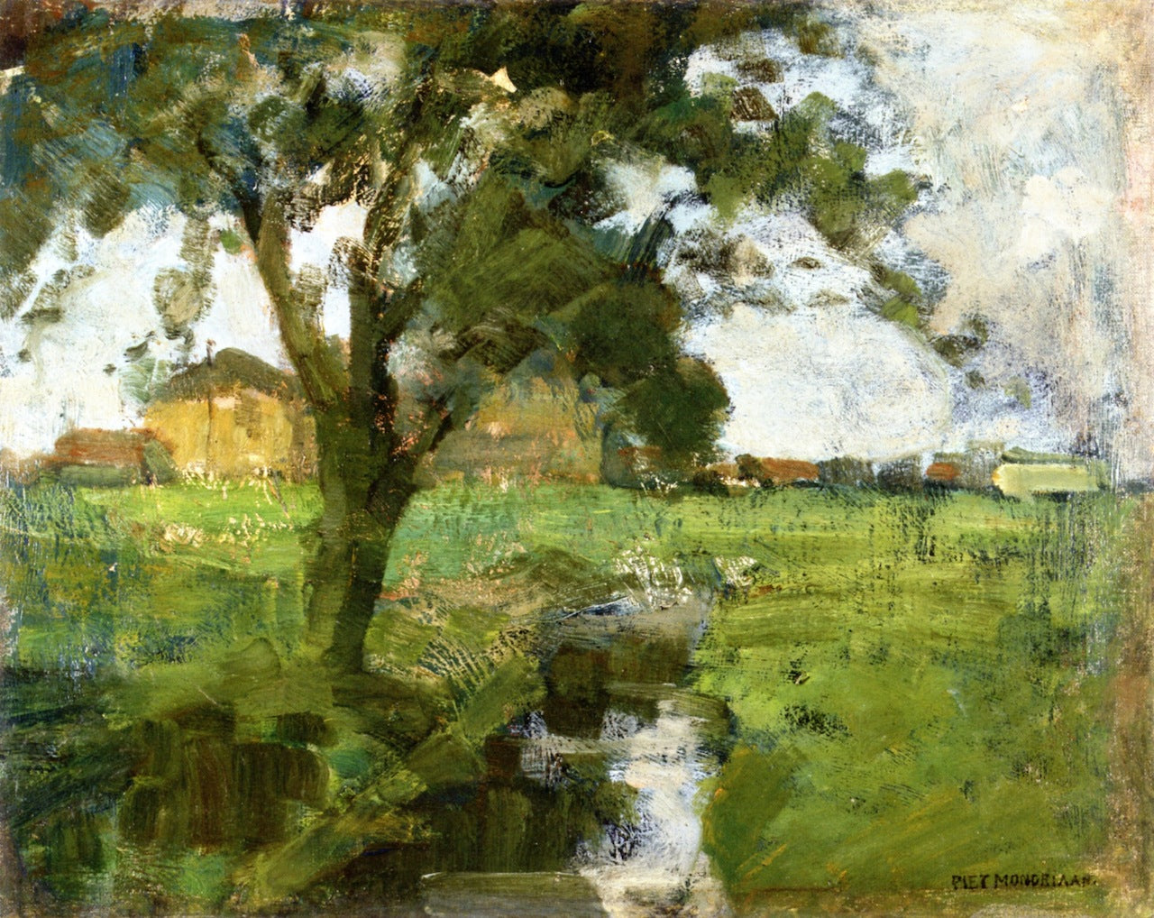 Farm scene with Tree in the Foreground and Irrigation Ditch, vintage artwork by Piet Mondriaan, 12x8" (A4) Poster