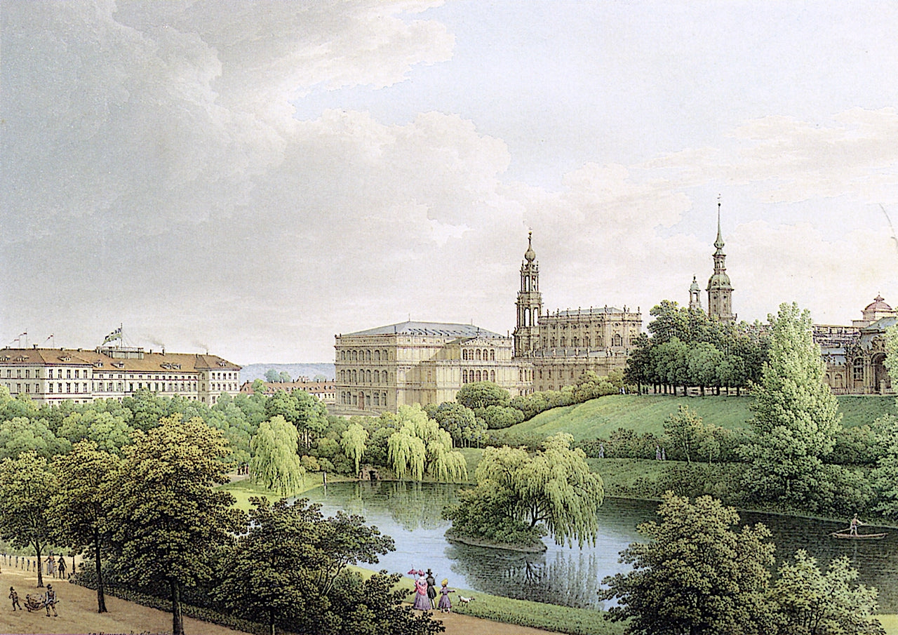 Blick aus den Anlagen zwischen Zwingerwall und Stahlstrasse, Dresden, vintage artwork by Christian Gottlob Hammer, 12x8" (A4) Poster
