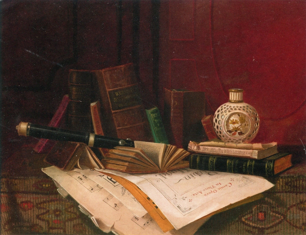 Still Life with Books, Clarinet and Music, vintage artwork by Nicholas Alden Brooks, 12x8" (A4) Poster