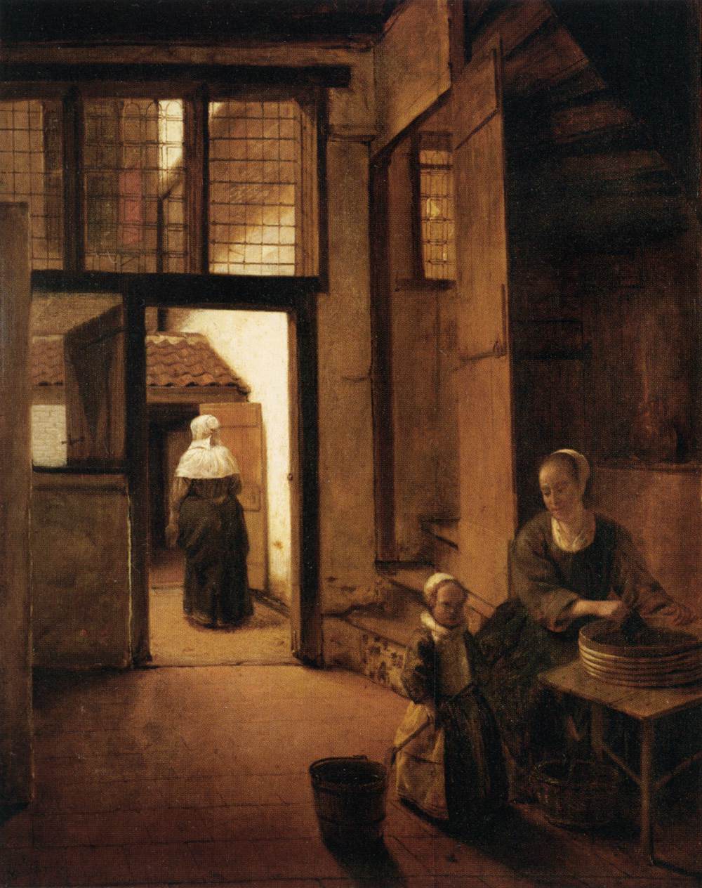 Woman Peeling Vegetables in the Back Room of a Dutch House, vintage artwork by Pieter de Hooch, 12x8" (A4) Poster