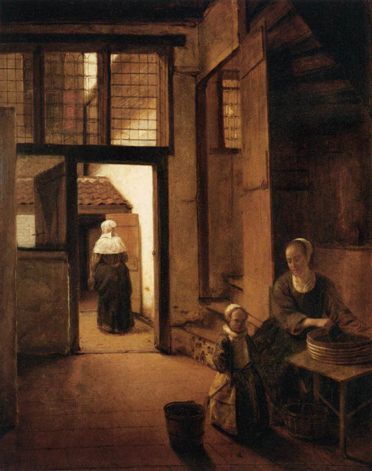 Woman Peeling Vegetables in the Back Room of a Dutch House, vintage artwork by Pieter de Hooch, 12x8" (A4) Poster