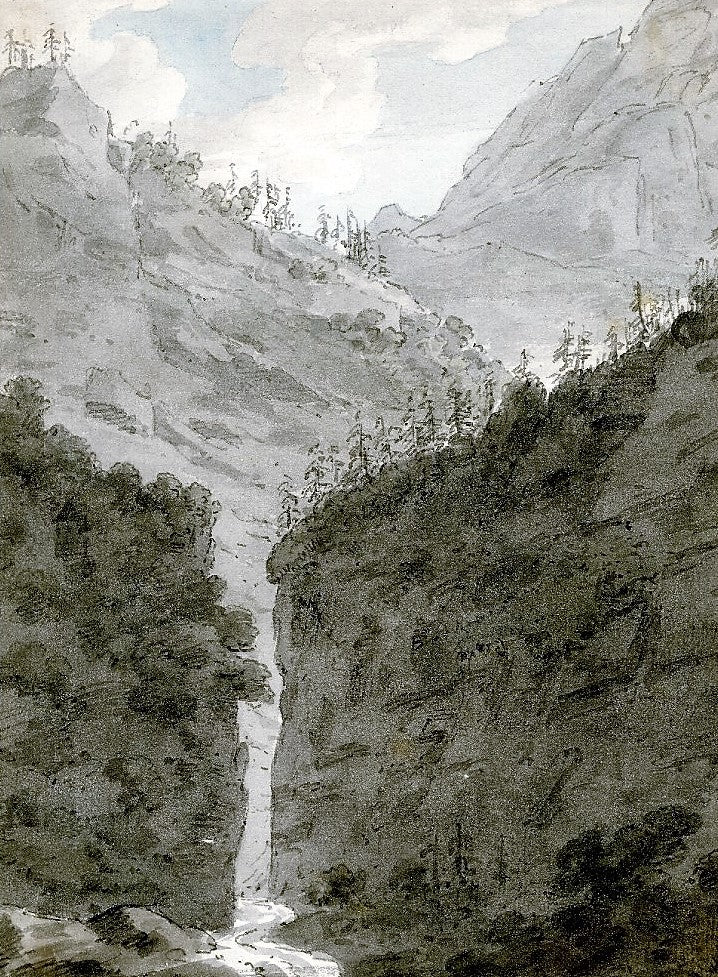 Upon the Linth near the Panten-Brücke in the Canton of Glarus, vintage artwork by John Robert Cozens, 12x8" (A4) Poster