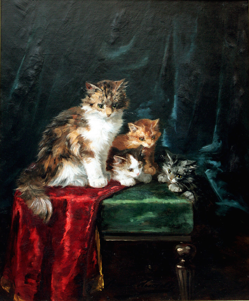 portrait of a cat family, vintage artwork by Alfred Brunel de Neuville, 12x8" (A4) Poster