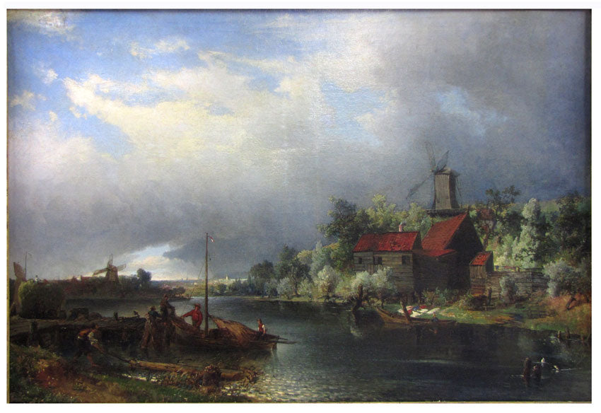 River landscape with windmills, people and boats, vintage artwork by Alfred Wahlberg, 12x8" (A4) Poster