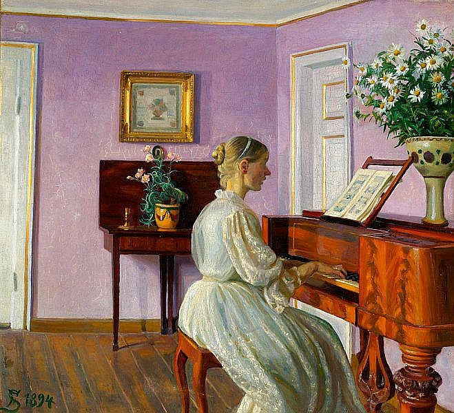 Woman at the Piano, vintage artwork by Fritz Syberg, 12x8" (A4) Poster