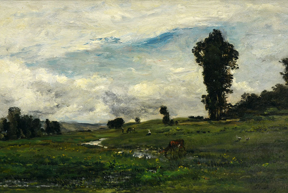 Figures and Cows in a Country Landscape, vintage artwork by Charles-François Daubigny, A3 (16x12") Poster Print
