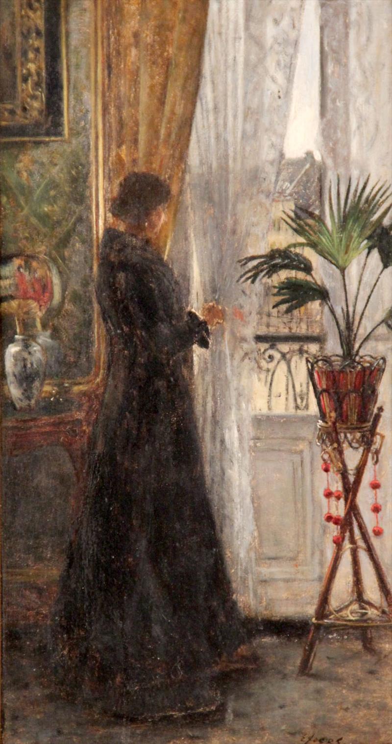 Woman Gazing Out a Window, vintage artwork by Eugène Joors, 12x8" (A4) Poster