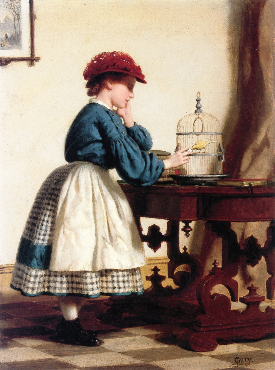 Girl with Canary, vintage artwork by Seymour Joseph Guy, 12x8" (A4) Poster