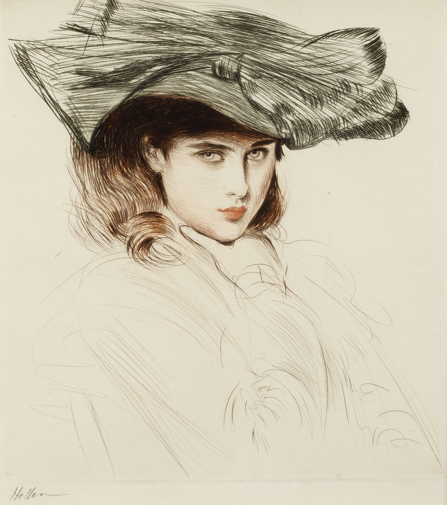 Portrait of a Young Lady with Hat, vintage artwork by Paul Cesar Helleu, 12x8" (A4) Poster