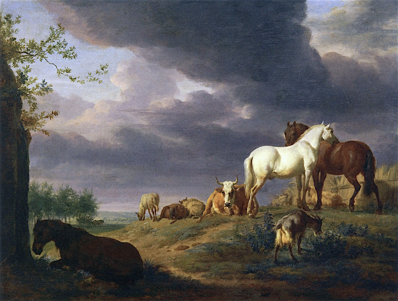 Landscape with Horses and Other Livestock, vintage artwork by Adriaen van de Velde, 12x8" (A4) Poster