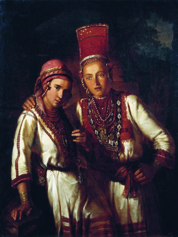 Two Girls from Mordovia, vintage artwork by Ivan Makarov, 12x8" (A4) Poster