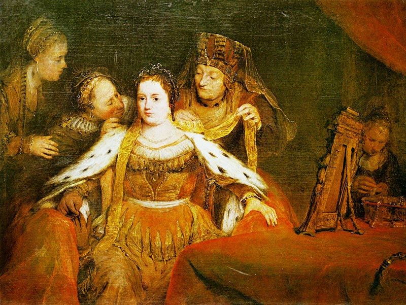 Esther Being Clad in Her Finery, vintage artwork by Aert de Gelder, 12x8" (A4) Poster