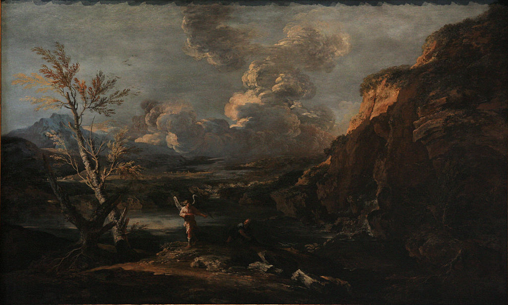 Landscape with Tobit and the Angel, vintage artwork by Salvator Rosa, 12x8" (A4) Poster