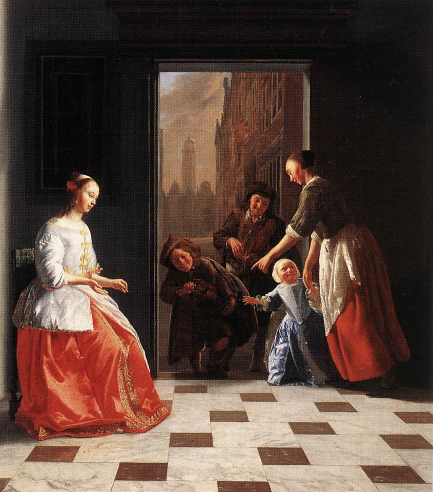 Street Musicians at the Doorway of a House, vintage artwork by Jacob Ochtervelt, 12x8" (A4) Poster
