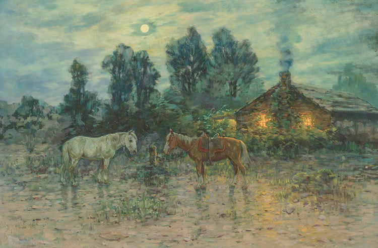 Horses in the Evening, vintage artwork by Henry Raschen, 12x8" (A4) Poster