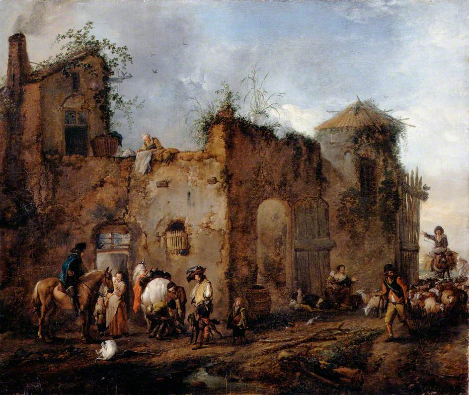 Courtyard Scene with a Farrier Shoeing a Horse, vintage artwork by Philips Wouwerman, 12x8" (A4) Poster