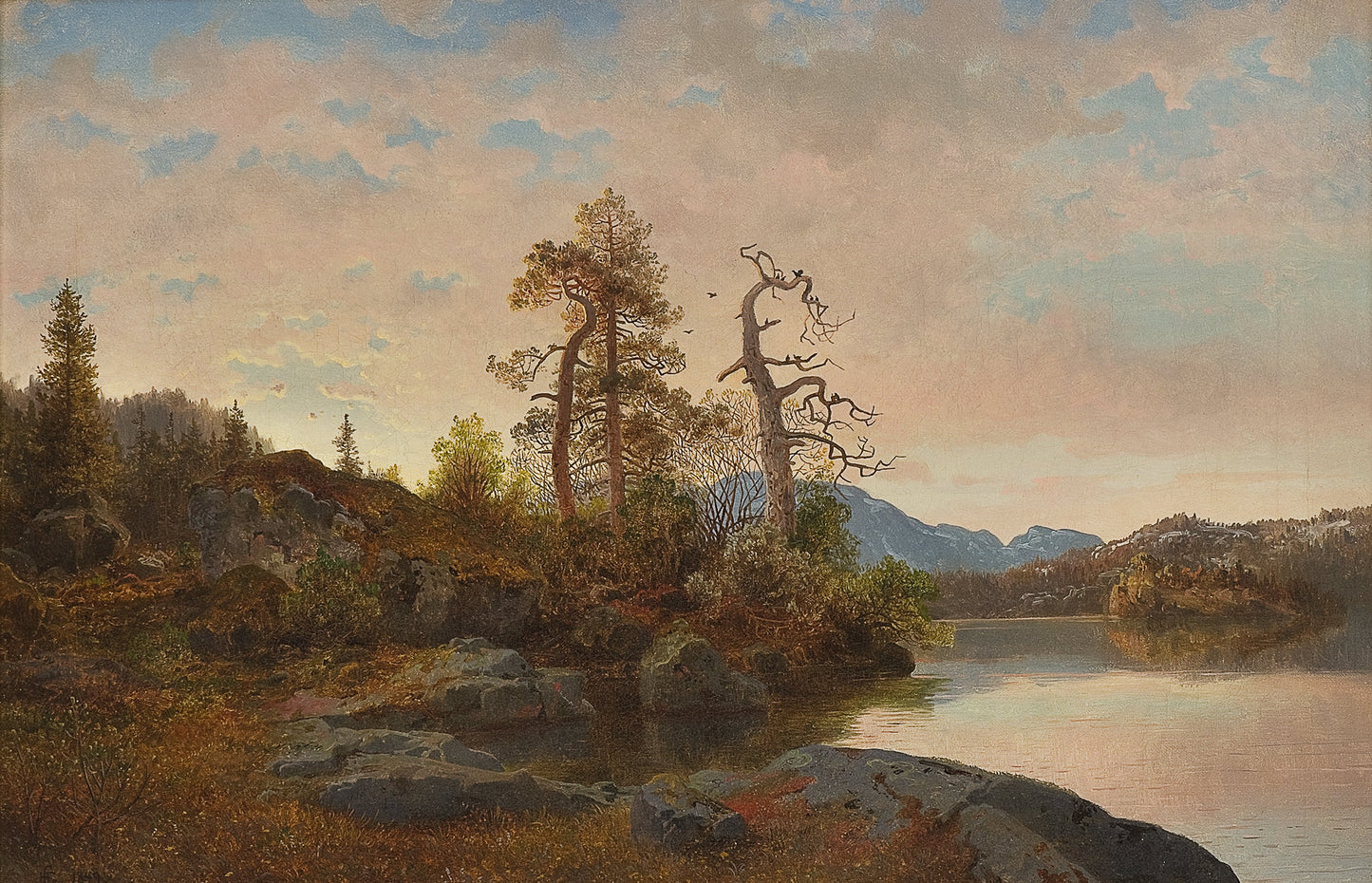 Forest Landscape with Lake, vintage artwork by Hans Gude, 12x8" (A4) Poster