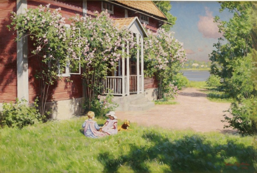 Children in the sunny garden by Johan Krouthen,A3(16x12")Poster