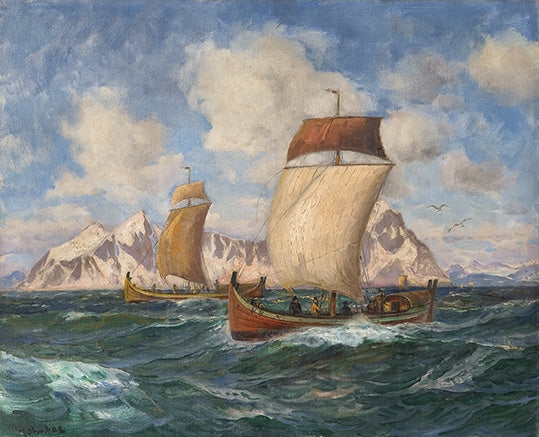 Longboats in a Fresh Breeze, vintage artwork by Thorolf Holmboe, 12x8" (A4) Poster