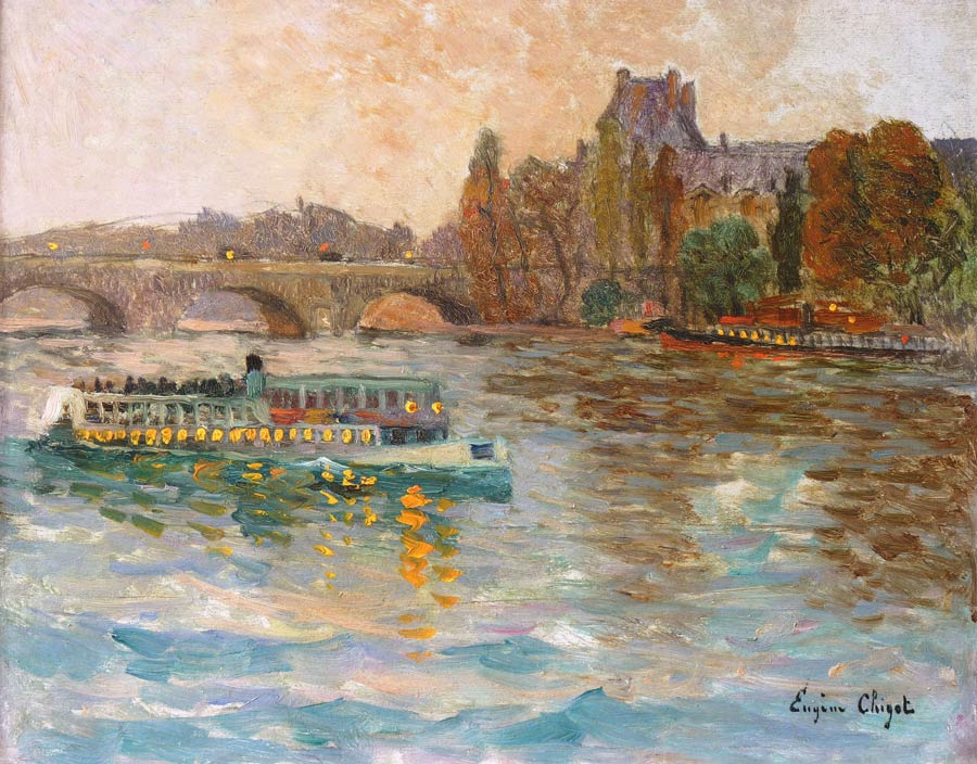Le Louvre Bateau-mouche sur la Seine by Eugene Chigot,A3(16x12")Poster