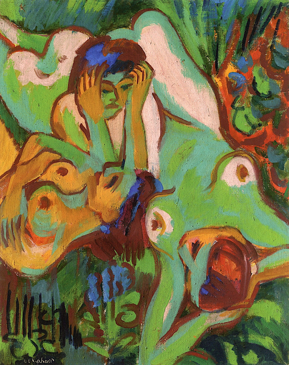 Bathing in the Wiese, vintage artwork by Ernst Ludwig Kirchner, 12x8" (A4) Poster