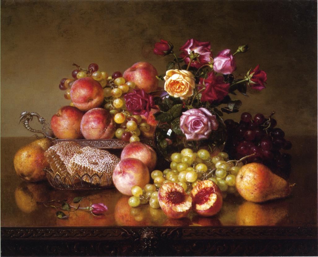 Fruit Still Life with Roses and Honeycomb, vintage artwork by Robert Spear Dunning, 12x8" (A4) Poster