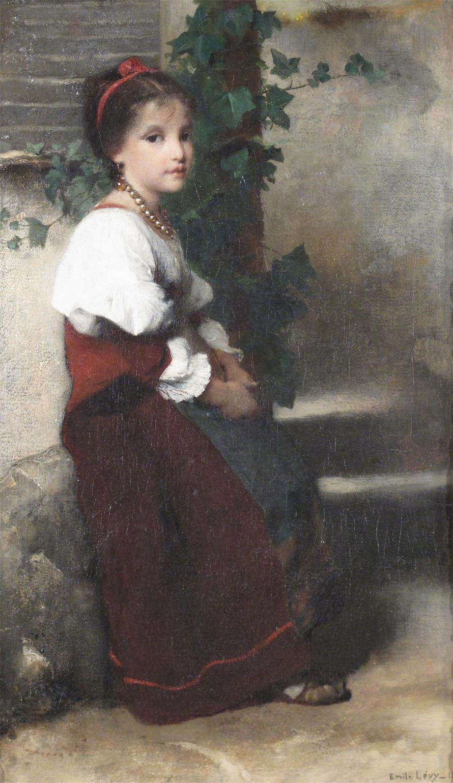 A Girl Seated on a Low Wall, vintage artwork by Émile Levy, 12x8" (A4) Poster
