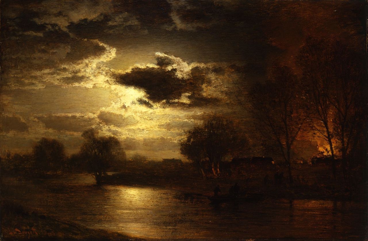 Village Fire, vintage artwork by Louis Douzette, 12x8" (A4) Poster