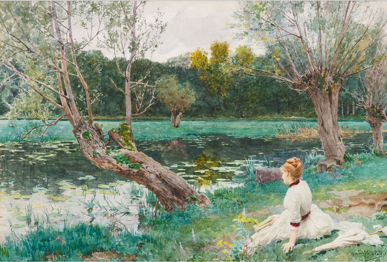 Jeune fille au bord de l’etang, vintage artwork by Louis-Emile Adan, 12x8" (A4) Poster