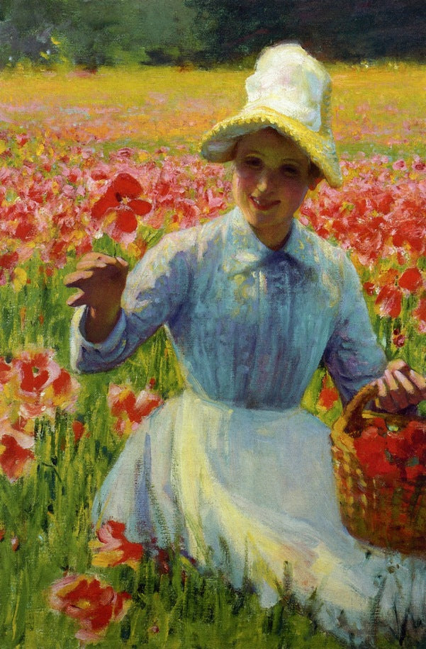 Girl with Poppies, vintage artwork by Robert Vonnoh, 12x8" (A4) Poster