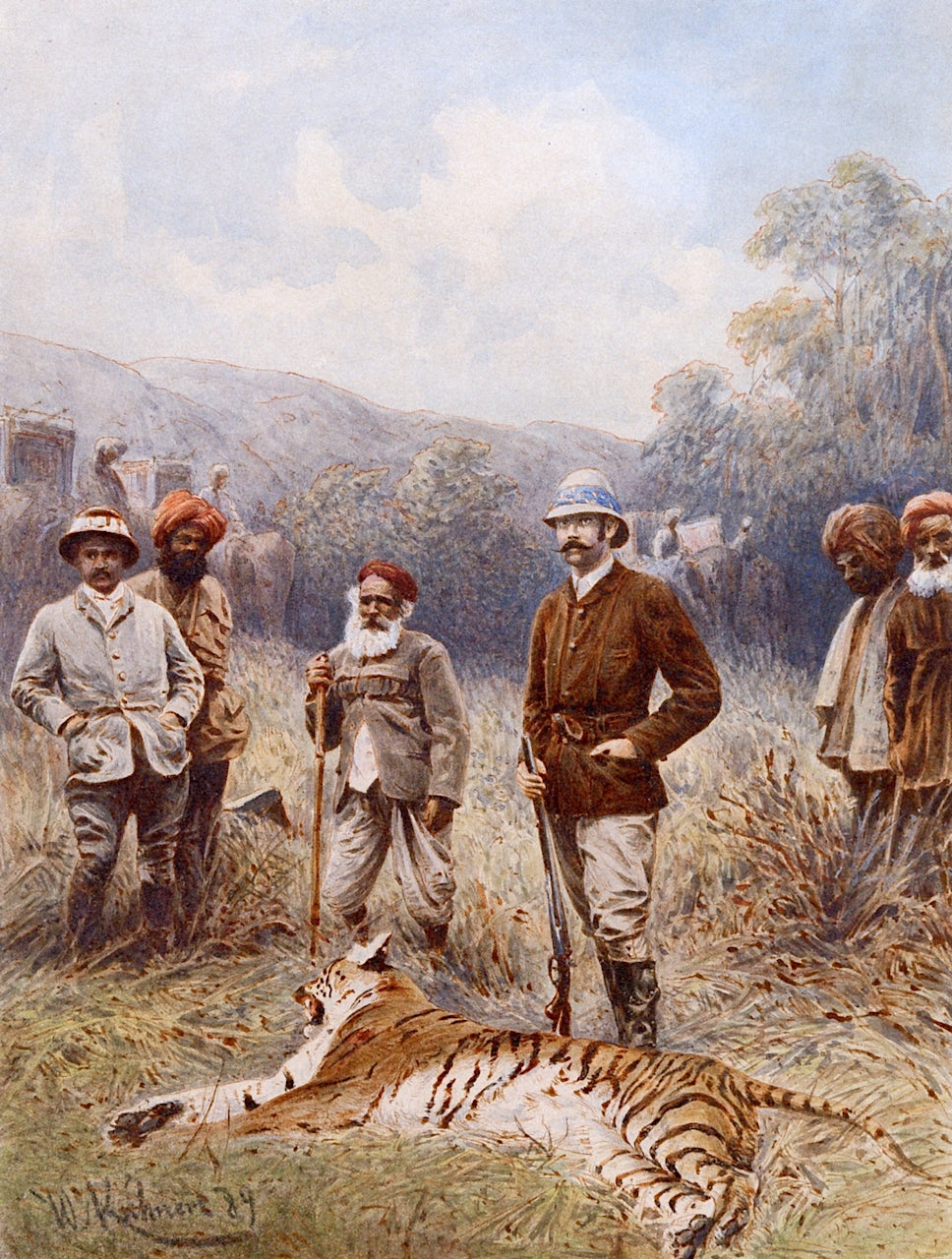 Tiger Hunting, India, vintage artwork by Wilhelm Kuhnert, 12x8" (A4) Poster