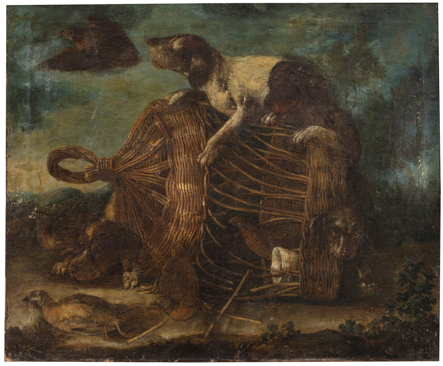 Dog smashing a quail cage, vintage artwork by Mariano Nani, 12x8" (A4) Poster