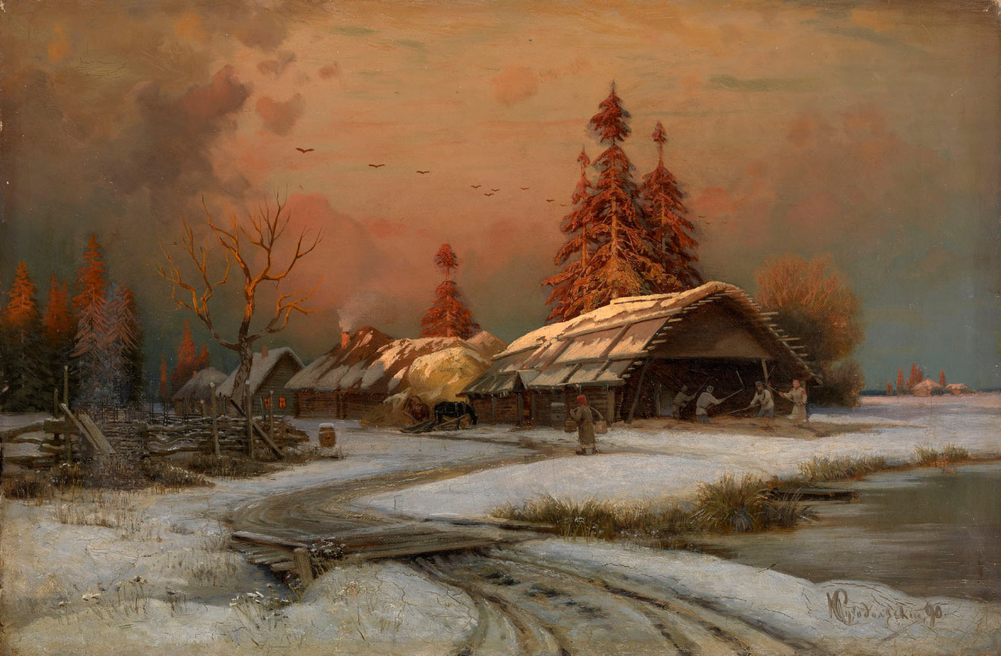 Village Scene in Winter, vintage artwork by Petr Sukhodolsky, 12x8" (A4) Poster