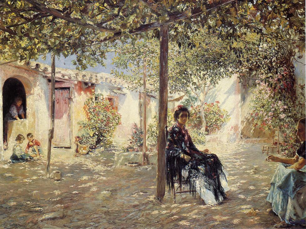 Ladies in a Sun-dapples Courtyard by Jose Gallegos y Arnosa,A3(16x12")Poster