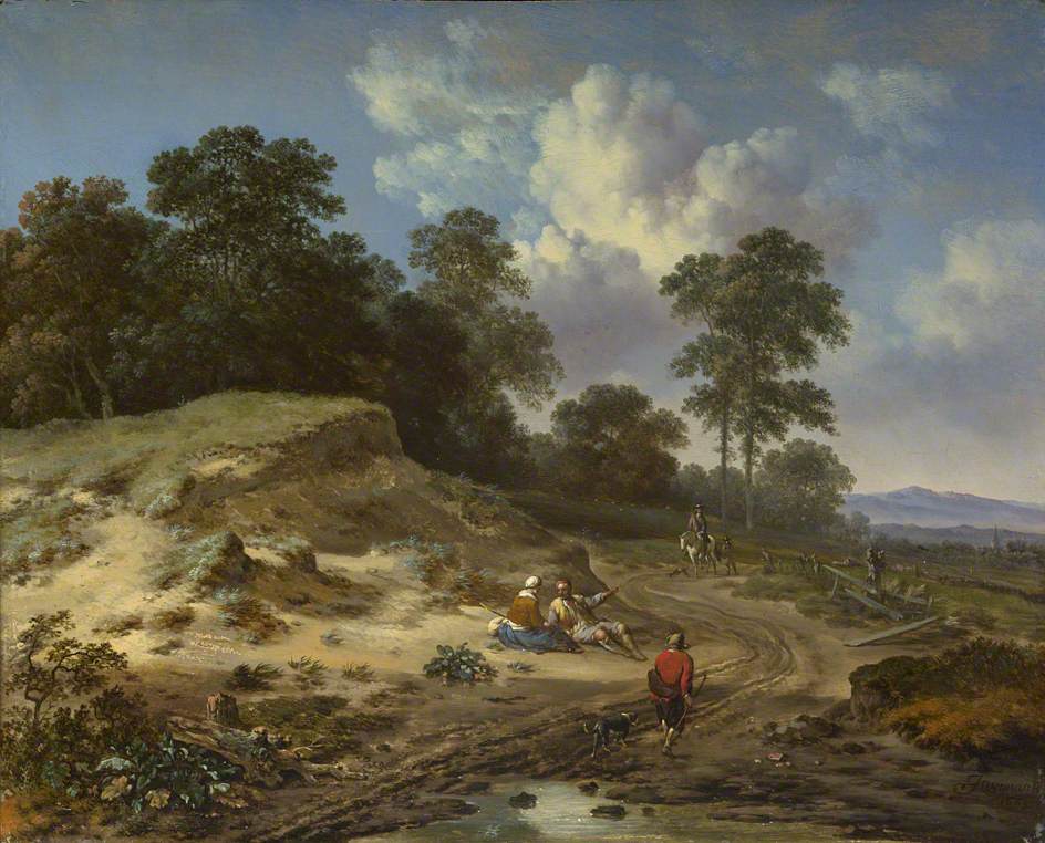 A Track by a Dune with Peasants and a Horseman, vintage artwork by Jan Wijnants, 12x8" (A4) Poster