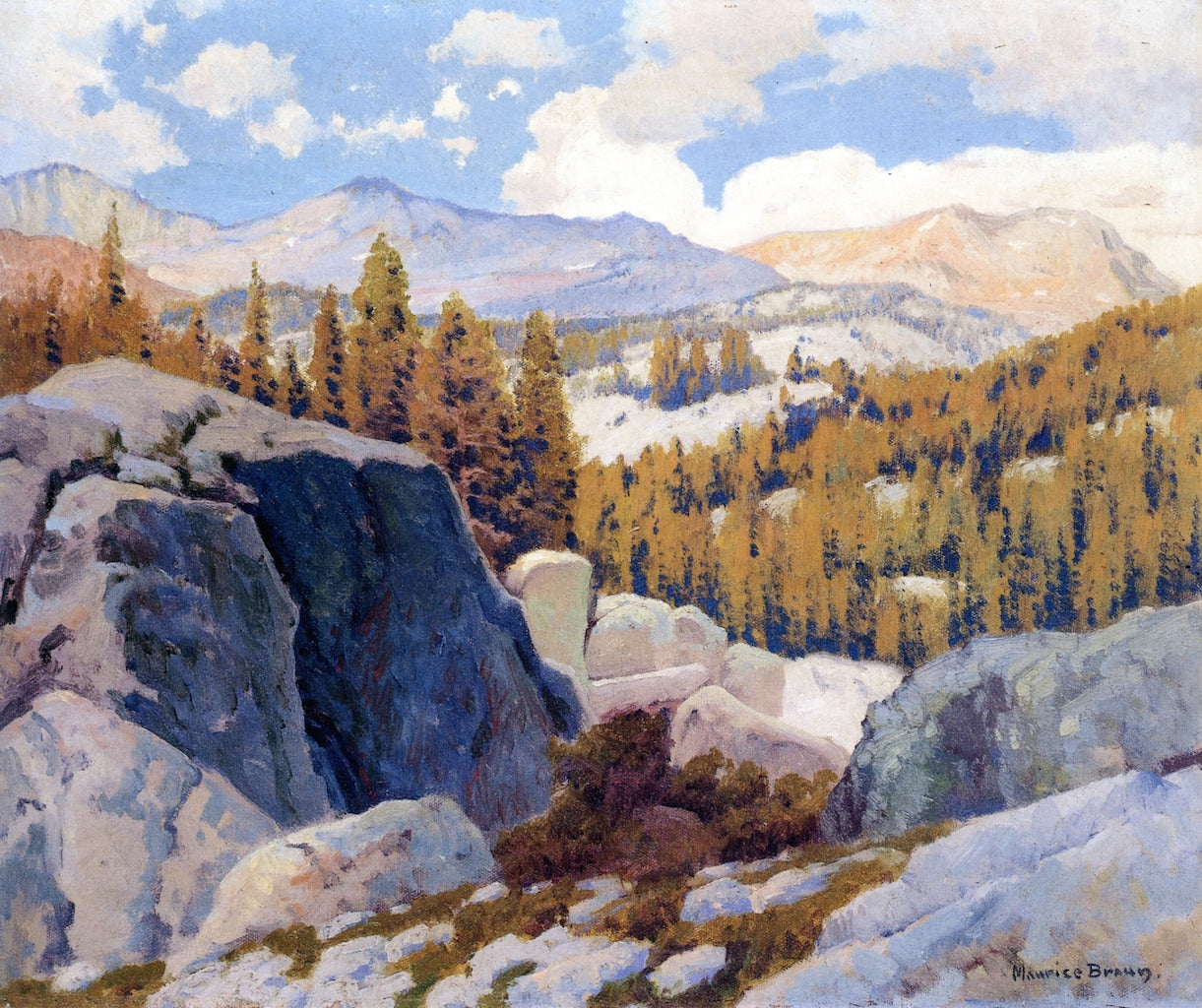 High Sierras from Soda Spring, vintage artwork by Maurice Braun, 12x8" (A4) Poster