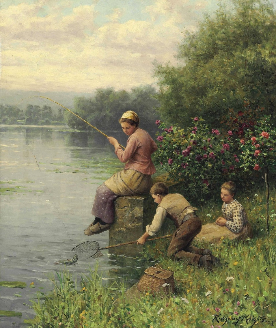 Golden Days of Fishing, vintage artwork by Daniel Ridgway Knight, 12x8" (A4) Poster